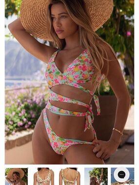 Luli Fama Floral Wrap One-Piece Swimsuit in Mint, Pink & Yellow, XL